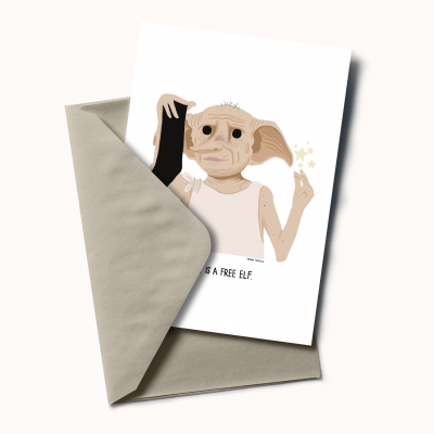 cartão com ilustração de elfo e envelope cinzento