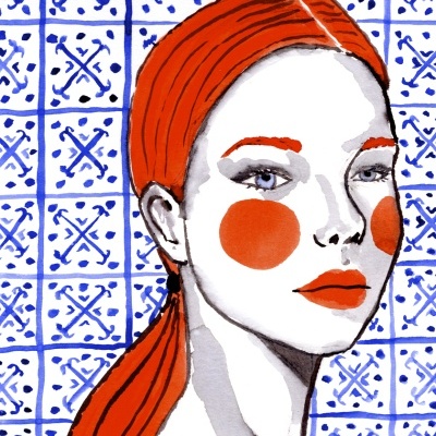 Ilustração de mulher ruiva com maquilhagem laranja e fundo de azulejos azuis