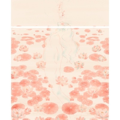 Ilustração suave de mulher submersa com flores de lótus cor-de-rosa