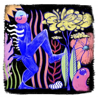 Ilustração colorida de figura humana azul com plantas e formas abstratas