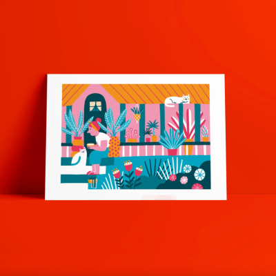 Postal ilustrado com casa colorida, plantas e pessoas.