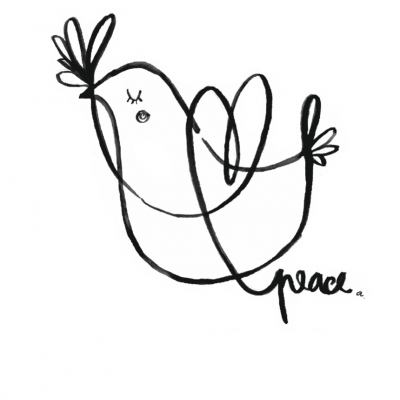 Desenho a caneta preta de um pássaro com texto peace