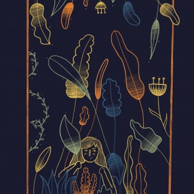 Desenho artístico abstrato com plantas coloridas e texto