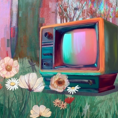 Televisor vintage com moldura laranja e verde numa campina florida