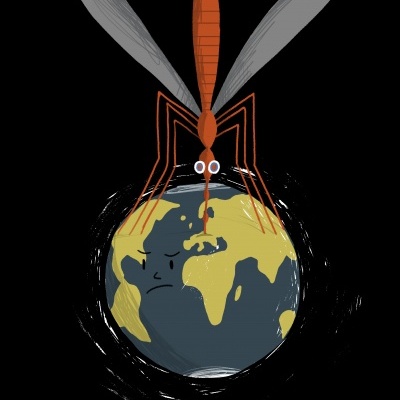 Ilustração de mosquito em cima do globo terrestre com rosto triste