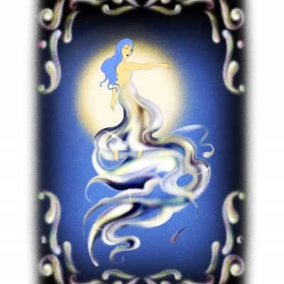 Ilustração digital de mulher com cabelo azul e formas onduladas em fundo azul escuro com borda decorativa