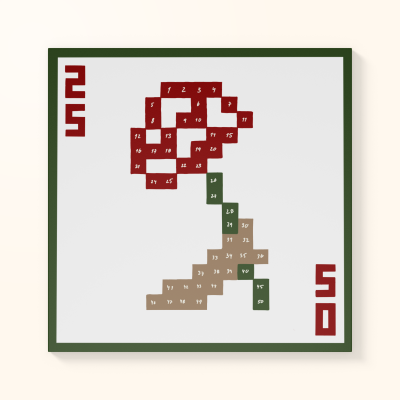 Ilustração minimalista de flor feita com quadrados vermelhos, verdes e castanhos numerados, com moldura verde e números 25 e 50 em vermelho
