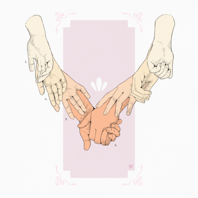 Ilustração de cinco mãos numeradas de 1 a 4 com fundo rosa claro decorado