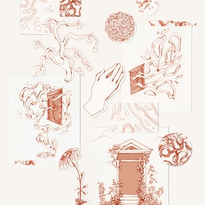 Desenhos a traço vermelhos abstratos sobre fundo branco com uma mão, porta e flores.