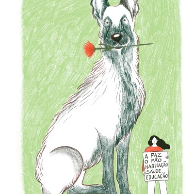 Ilustração de cão branco e cinza com flor na boca e pessoa segurando placa de protesto