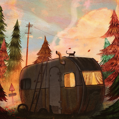 Caravana móvel escura com gato no telhado em floresta ao entardecer