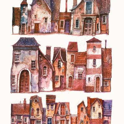 Ilustração de casas antigas coloridas com telhados inclinados