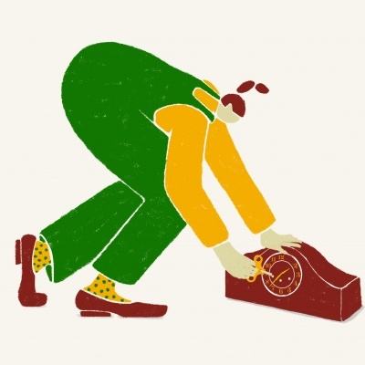 Ilustração de pessoa a usar um telefone vintage vermelho