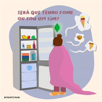 Pessoa de costas a olhar para frigorífico aberto com alimentos e texto sobre fome