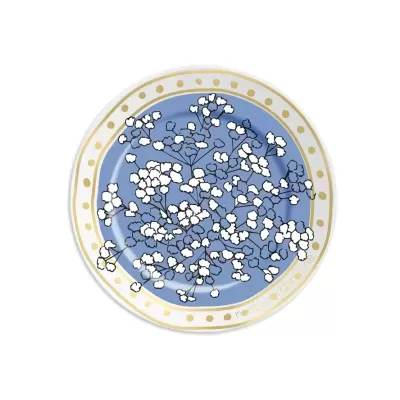 Prato decorativo redondo com flores brancas sobre fundo azul