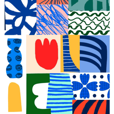 Padrões abstratos coloridos em blocos com formas geométricas e assinatura Teresa Rojo