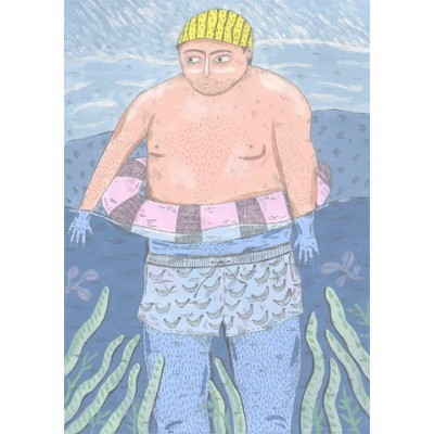 Ilustração de uma pessoa em água com touca amarela e bóia rosa