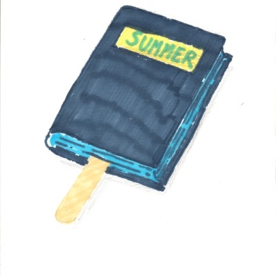 Gelado em formato de livro azul com etiqueta 'SUMMER'