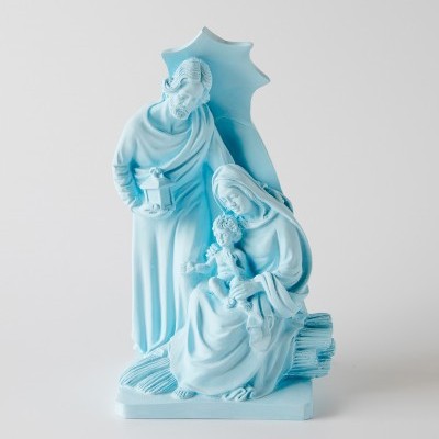 Estátua azul da Sagrada Família com José, Maria e Menino Jesus