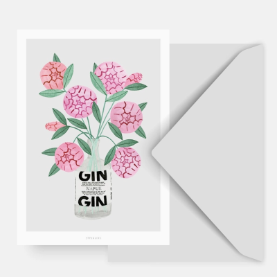 Cartaz com ilustração de flores cor-de-rosa em vaso transparente com texto 'GIN', junto a envelope cinza.
