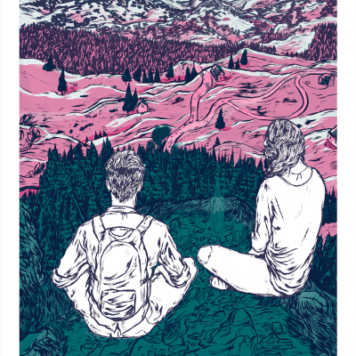 Ilustração de duas pessoas sentadas de costas numa paisagem montanhosa colorida em verde e rosa