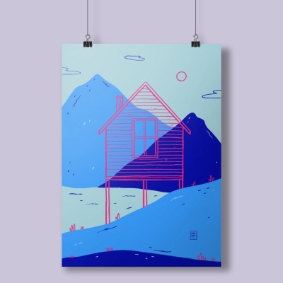 Pôster ilustrado de casa rosa com montanhas azuis no fundo, pendurado numa parede lilás