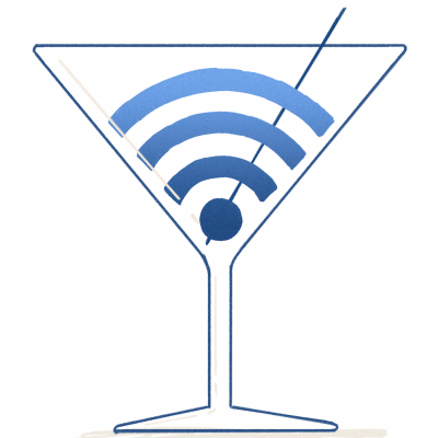 Desenho de copo de cocktail azul com símbolo Wi-Fi e azeitona