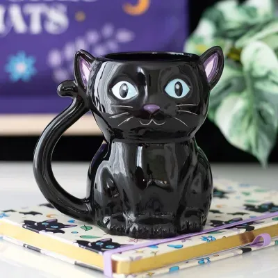Caneca de gato preta em cerâmica com caderno decorado com gatos e flores