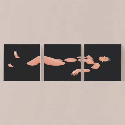 Conjunto de três quadros com partes desconectadas de corpo humano em fundo preto