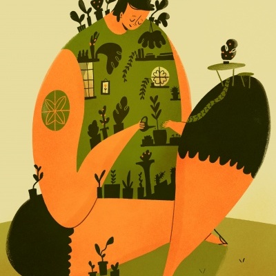 Ilustração de figura humana com plantas e tatuagens em fundo verde claro