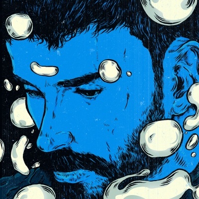 Ilustração de rosto masculino azul com formas brancas abstratas em fundo preto