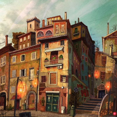 Edifício urbano antigo com janelas, portas, varandas e lâmpadas de rua acesas ao entardecer.