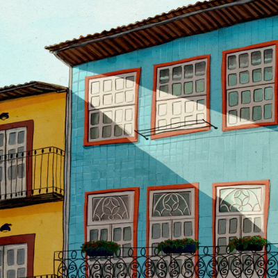 Fachadas coloridas de prédios com janelas e varandas com grades e plantas.