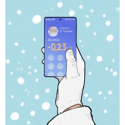 Mão vestida de Pai Natal segurando um smartphone com saldo negativo em euros, fundo azul com flocos de neve.