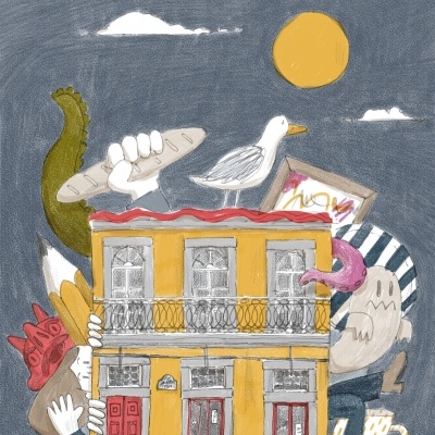 Ilustração de um edifício amarelo com elementos fantásticos em fundo cinzento