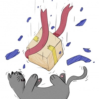 Ilustração de gato e pacote de presente a cair
