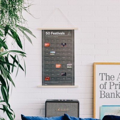 Poster '50 Festivals' pendurado numa parede branca com plantas, coluna Marshall, e moldura ao lado.