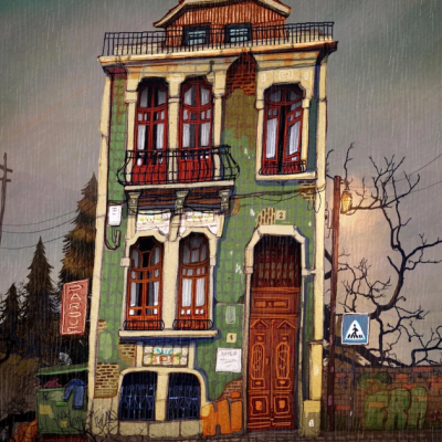 Casa estreita verde com janelas vermelhas e barra de bar à noite na chuva