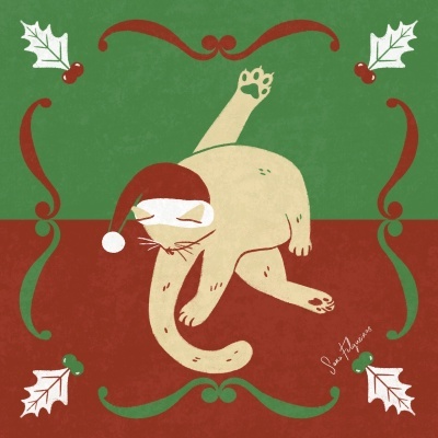 Ilustração de gato a usar gorro de Natal com detalhes decorativos de Natal no fundo