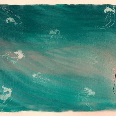 Ilustração de várias figuras humanas flutuando em tons azul e bege com destaque em figura feminina e texto DIMENSIÃO