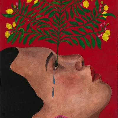 Pintura de rosto feminino com planta a crescer da cabeça e lágrima azul