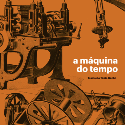 Capa de livro laranja com ilustrações de máquinas antigas e texto em branco