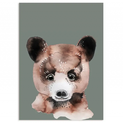 Ilustração de cabeça de urso em aguarela com fundo cinza