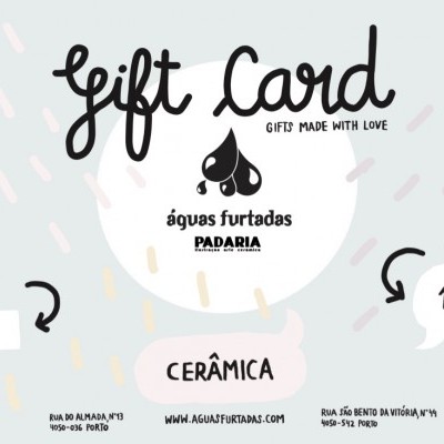 Cartão presente Gift Card Águas Furtadas Padaria com design em cerâmica, valor 15 €.