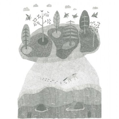 Ilustração monocromática de um campo com árvores, insetos, nuvens, galo e água com pedras.