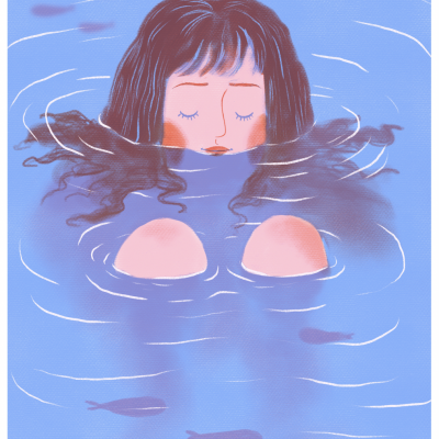 Ilustração de mulher submersa em água azul com peixes