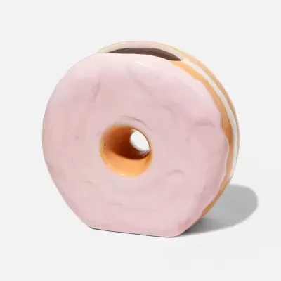 Vaso cerâmico em forma de donut com esmalte cor de rosa e creme