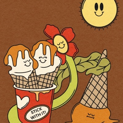 Ilustração colorida com gelados, flor sorridente e sol