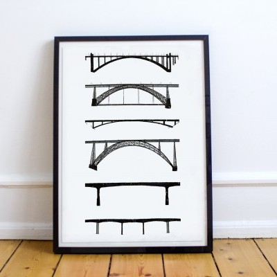 Quadro preto com desenhos técnicos de pontes em fundo branco