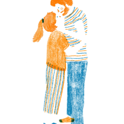 Ilustração de casal abraçado com roupa às riscas azul e laranja